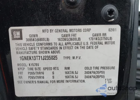 2001 Chevrolet Tahoe Lt from USA, damaged, VIN 1GNEK13T71J235025